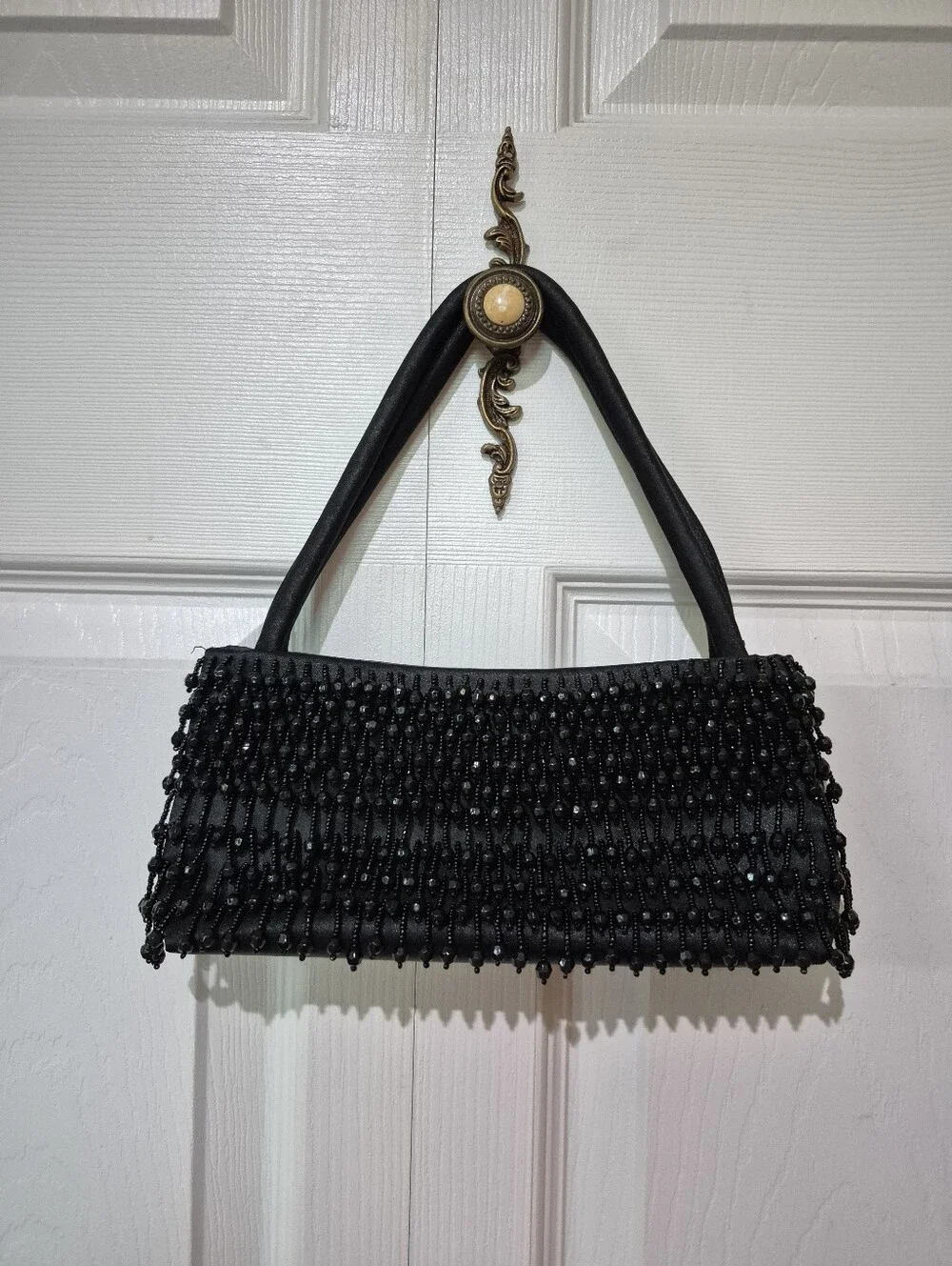 Black beaded satin evening purse